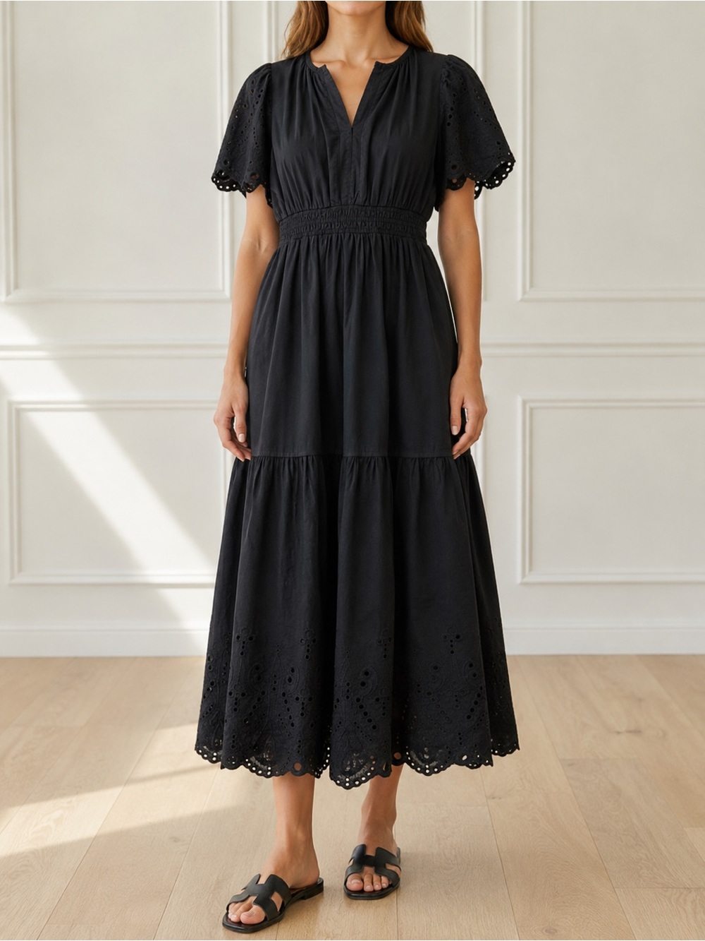 Baltic Born Annette Eyelet Tiered Midi Maxi Dress Black Sz L Puff Sleeve Cottage